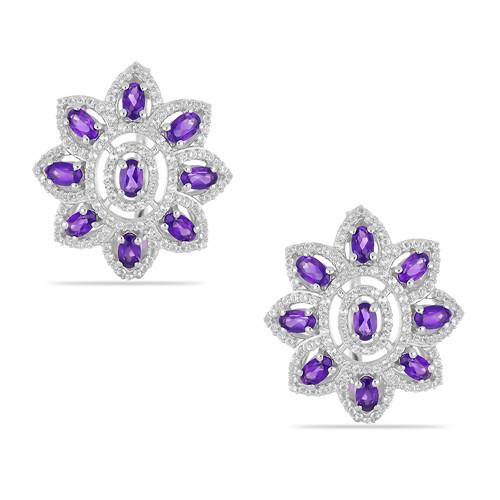 BUY 925 SILVER  AFRICAN AMETHYST GEMSTONE FLOWER EARRINGS